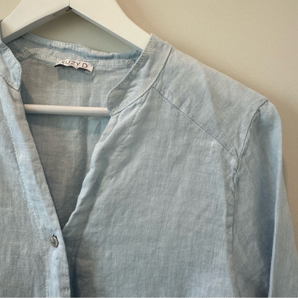 Suzy D Madison Linen V Neck Shirt Blouse Button Up Beach Career Casual Natural - Picture 13 of 13